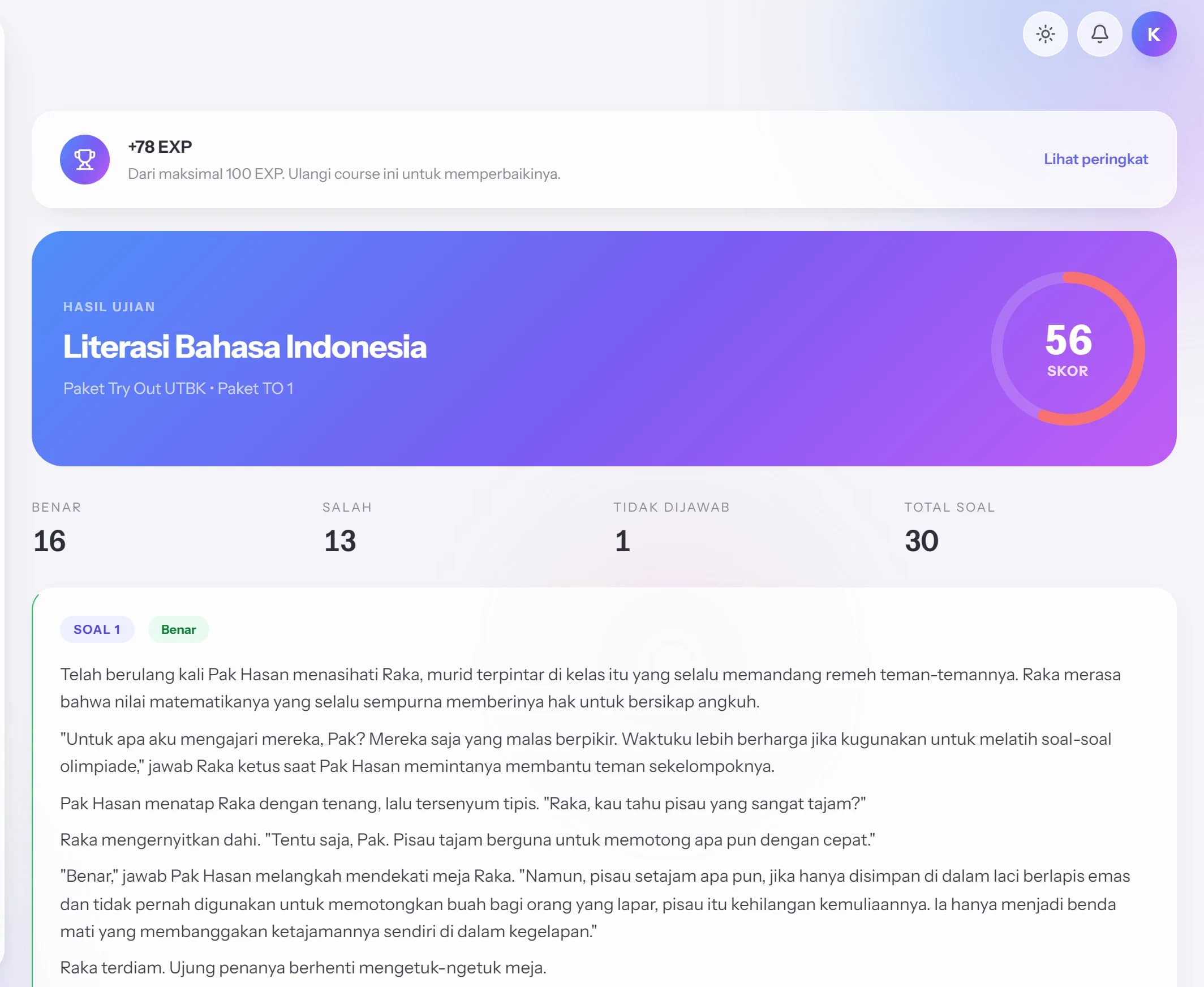 Halaman hasil PassingLab yang menampilkan skor beserta rekap jawaban benar, salah, dan tidak dijawab.