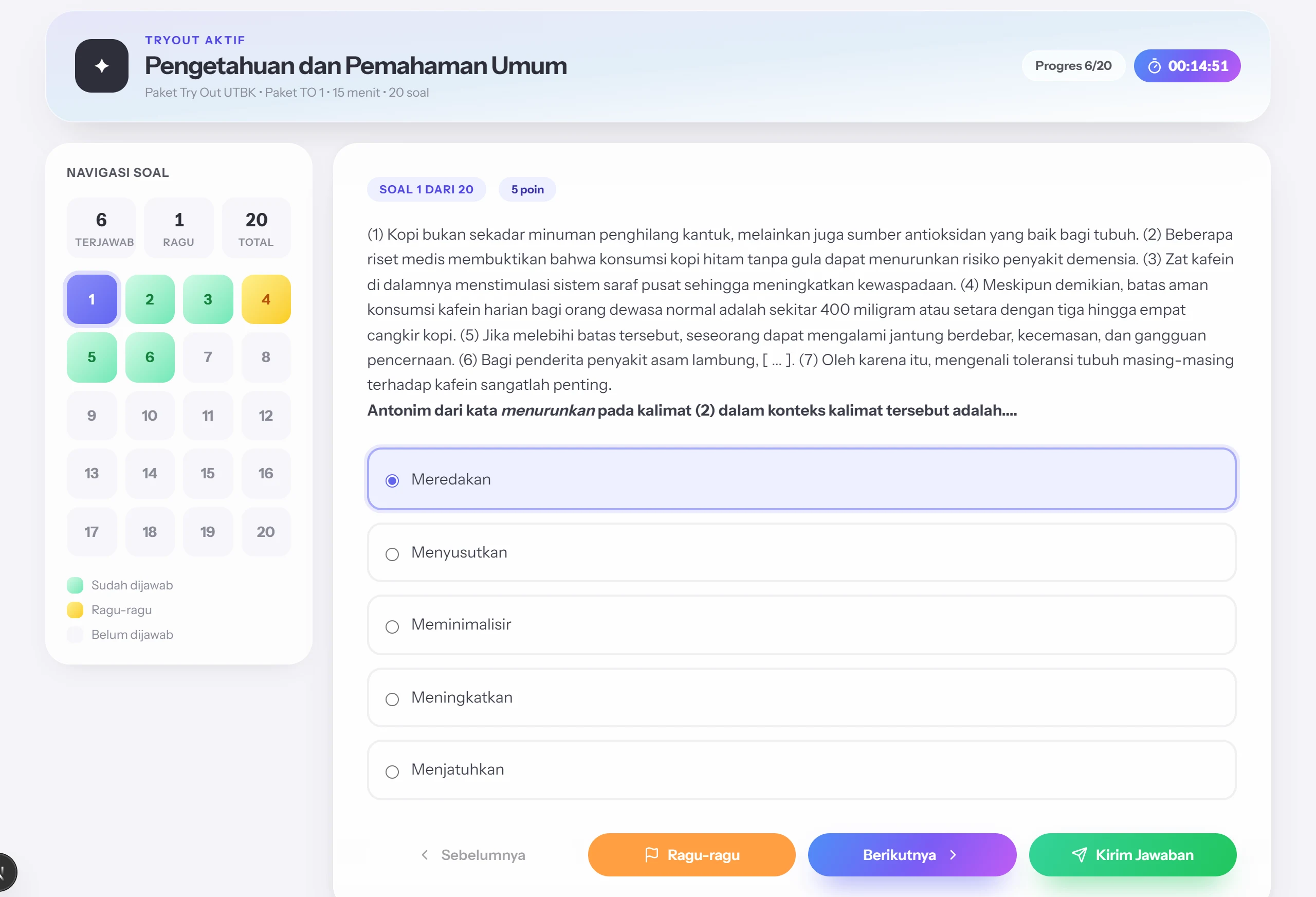 Halaman ujian PassingLab: navigasi soal di kiri, satu soal beserta pilihan jawabannya di kanan.